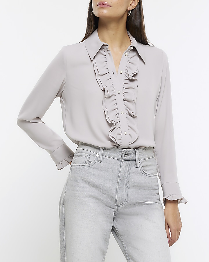 Grey frill long sleeve shirt