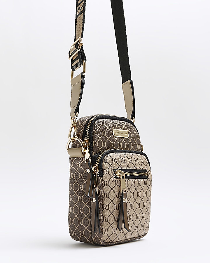 Brown RI monogram phone holder bag River Island
