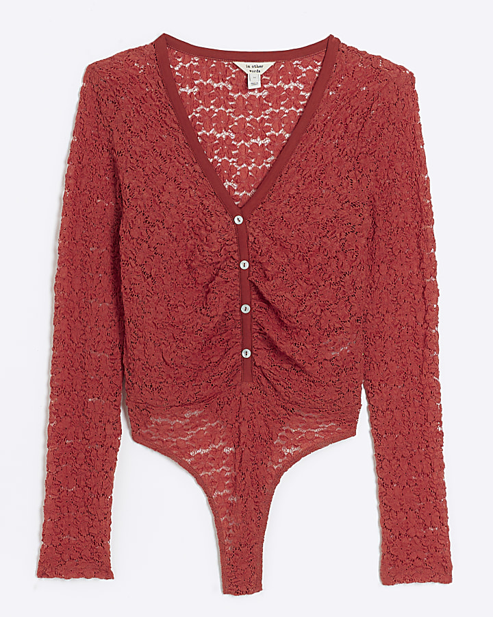Red lace long sleeve bodysuit