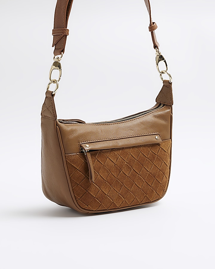 Brown leather weave cross body bag River Island