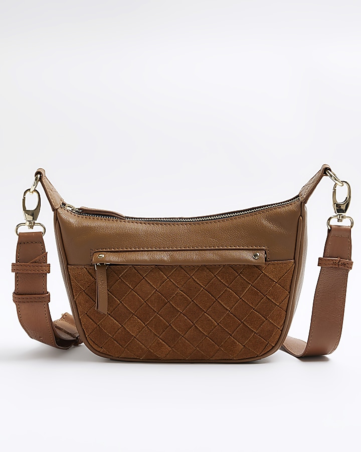 Brown leather weave cross body bag