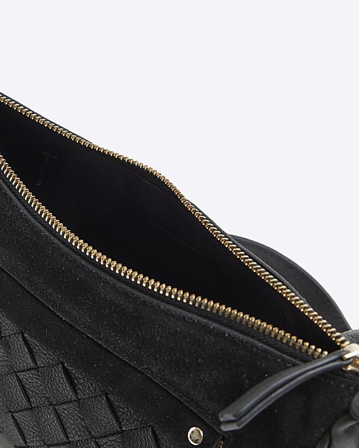 Black leather weave cross body bag River Island