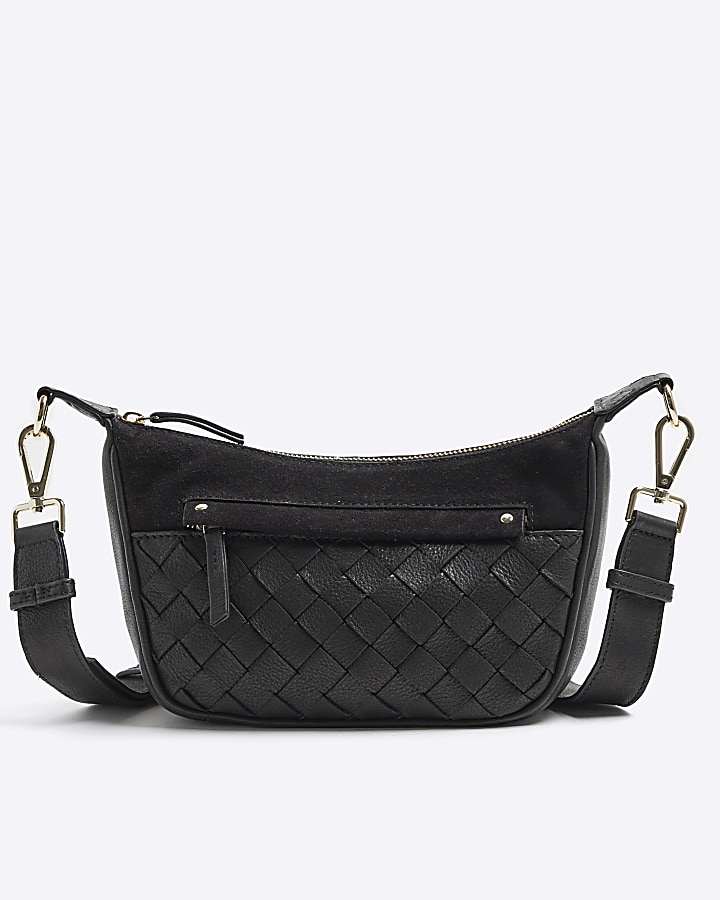 Black leather weave cross body bag