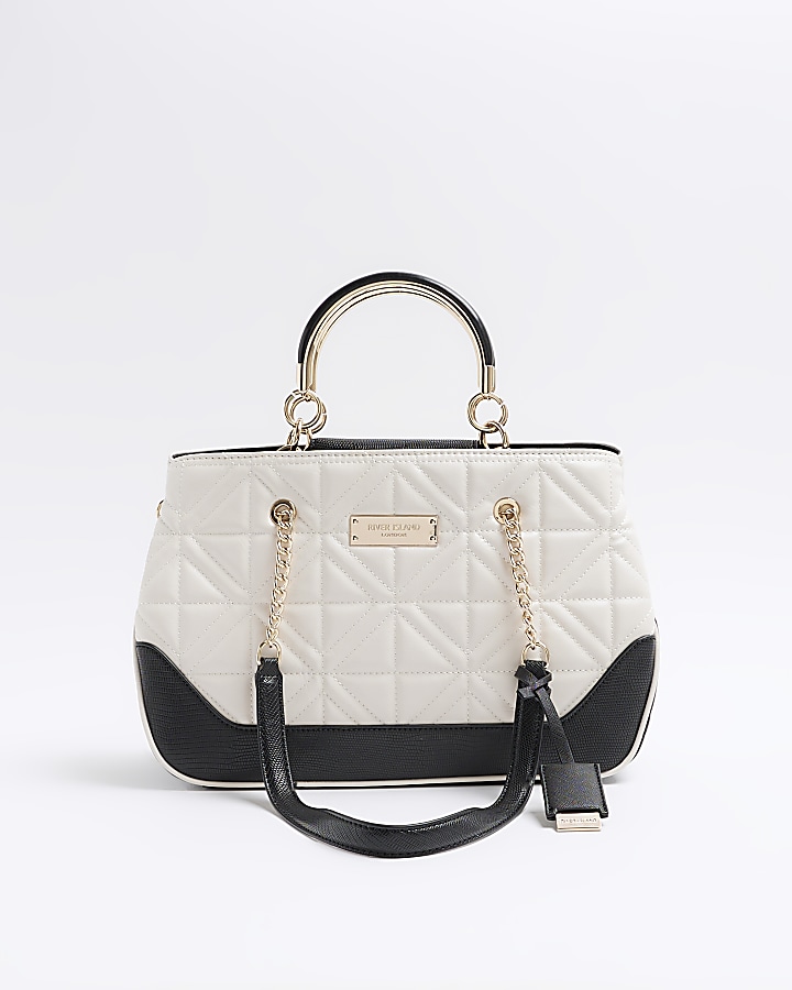 Cream quilted chain strap tote bag River Island