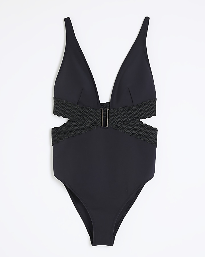 Black crossed strap plunge swimsuit