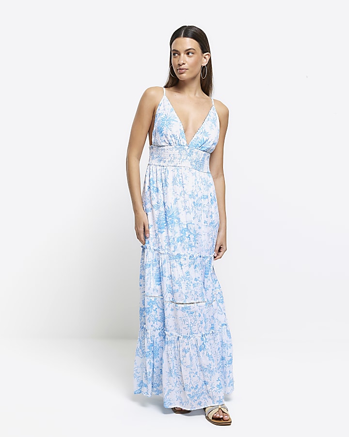 Blue floral beach maxi dress