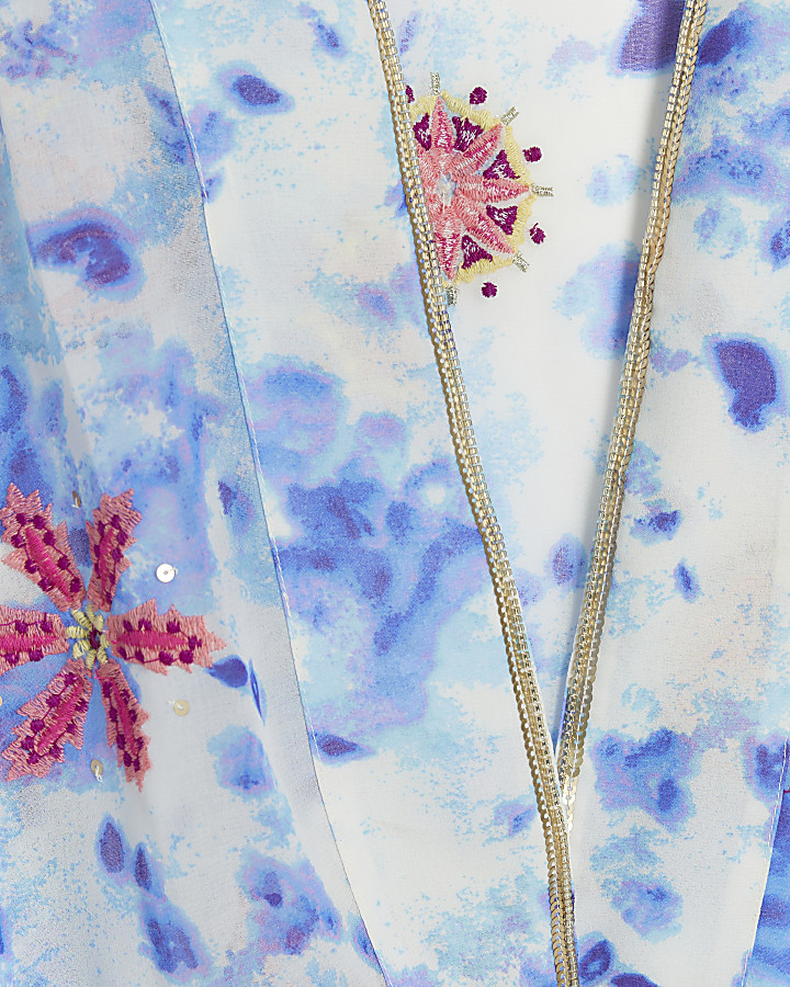 Blue tie dye embroidered beach kimono