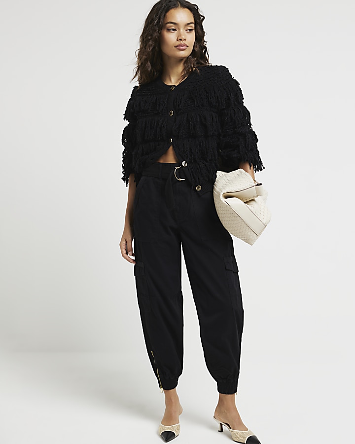 Petite black belted utility cargo trousers
