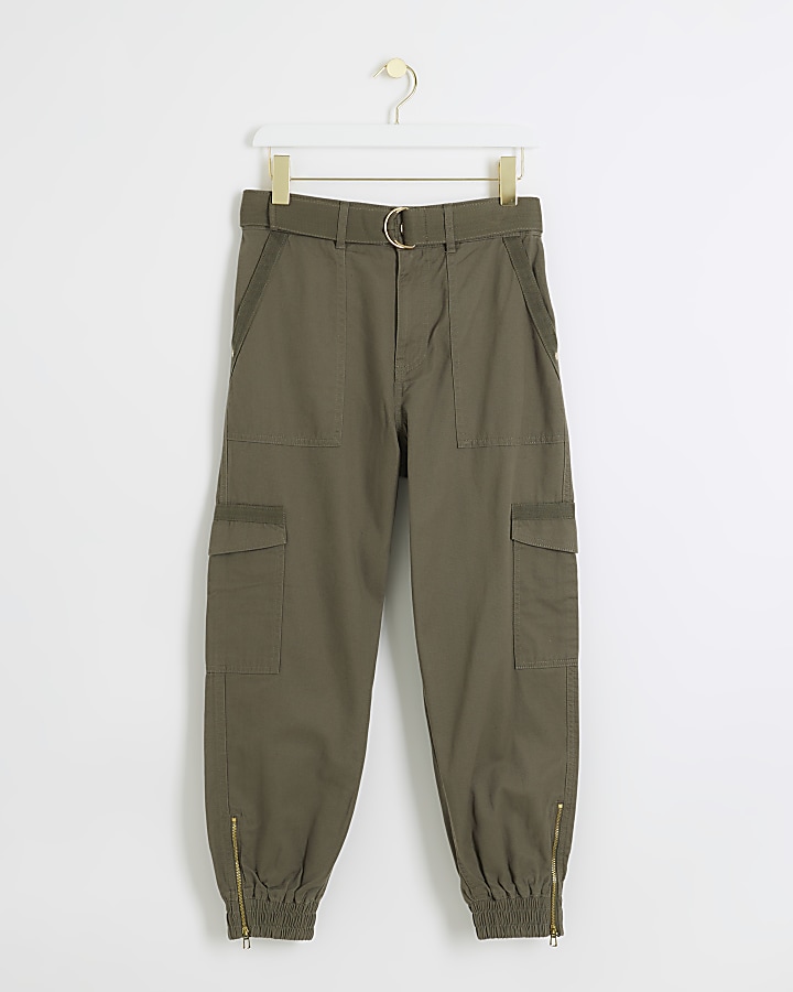 Petite khaki belted utility cargo trousers