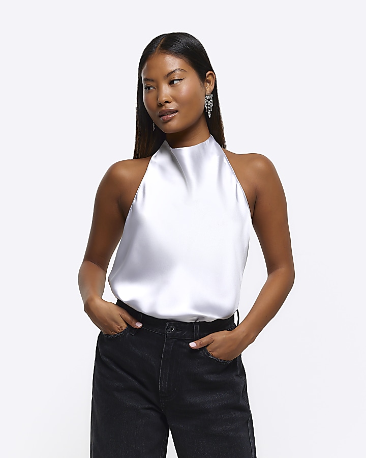 White satin store high neck top