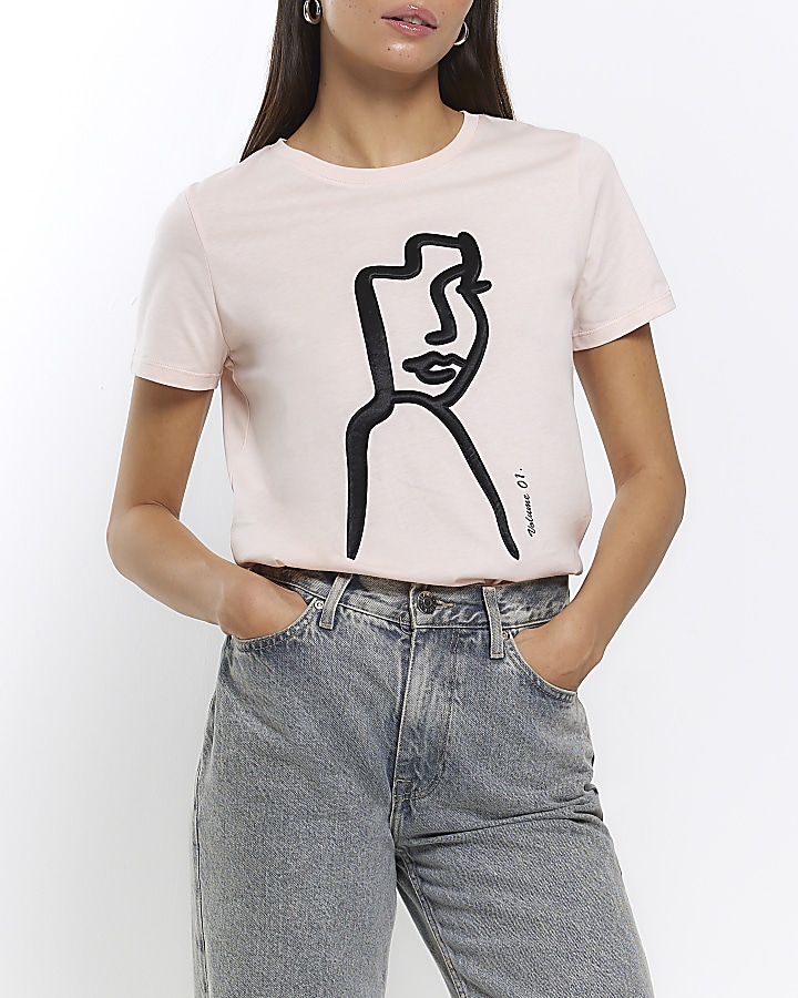 Pink satin print t-shirt | River Island