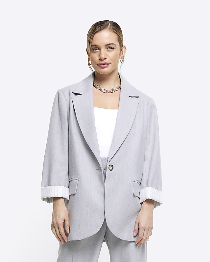 Petite grey rolled sleeve blazer River Island