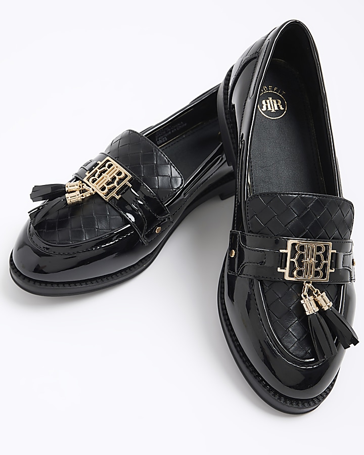 Black wide fit patent tassel loafers | River Island