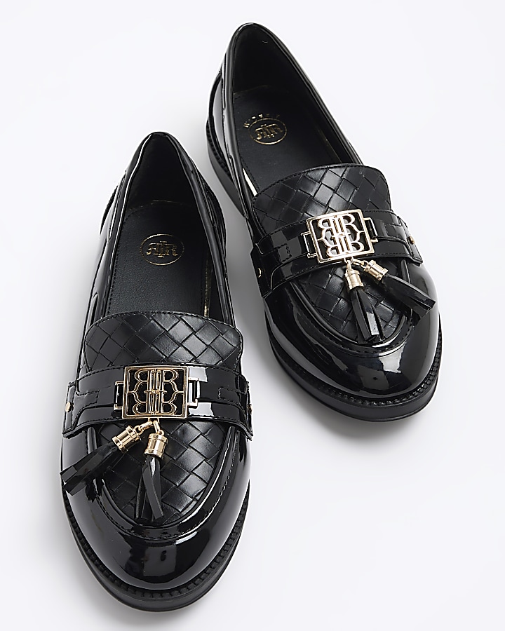 Black wide fit patent tassel loafers
