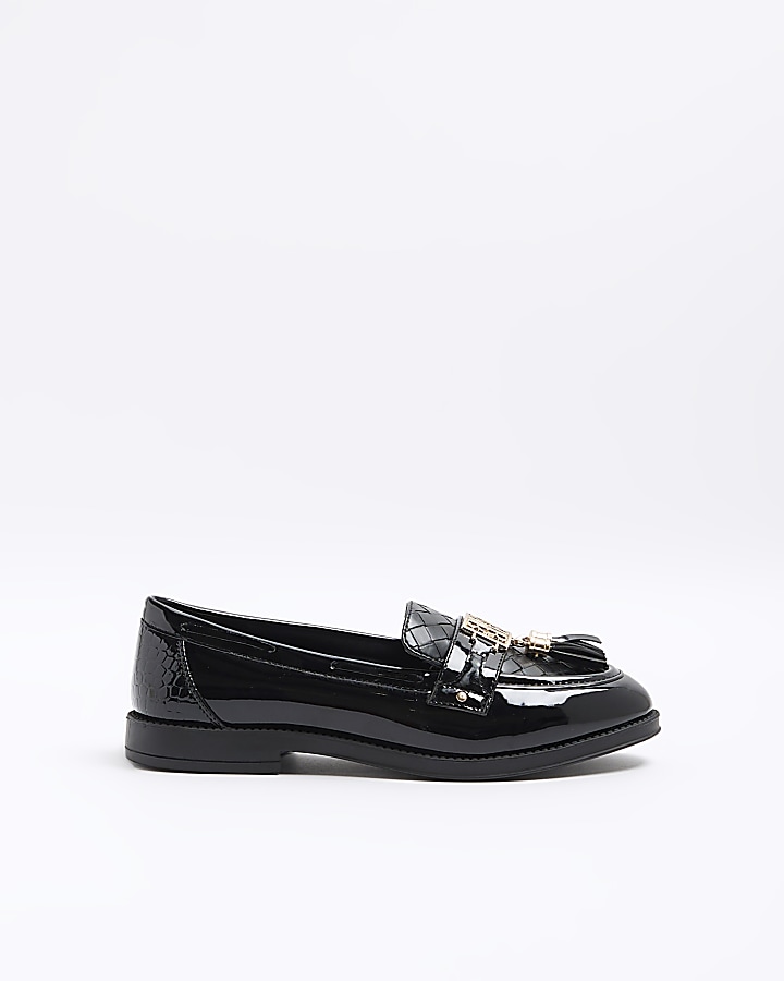 Black wide fit patent tassel loafers