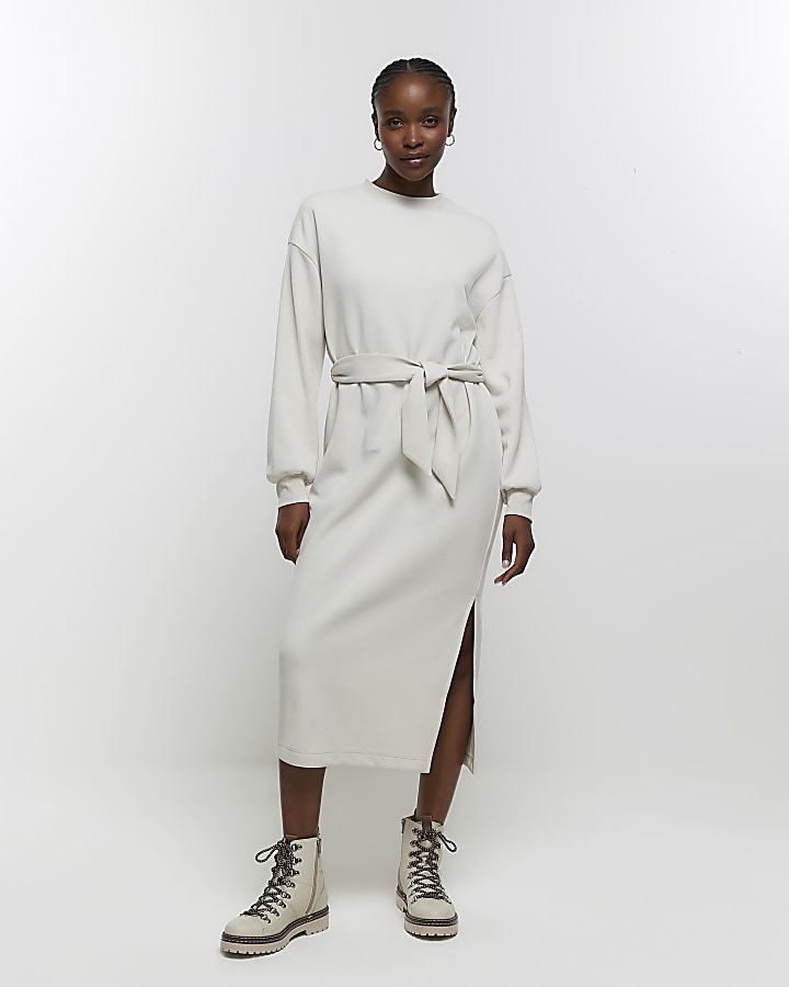 Cream tie jersey sweatshirt midi dress