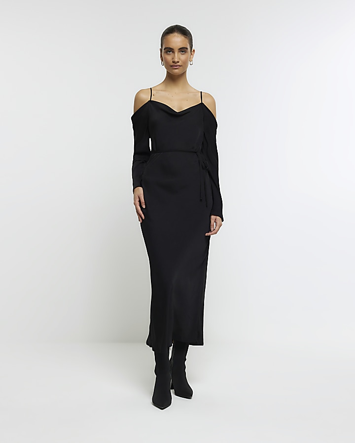 Black cold shoulder slip midi dress | River Island