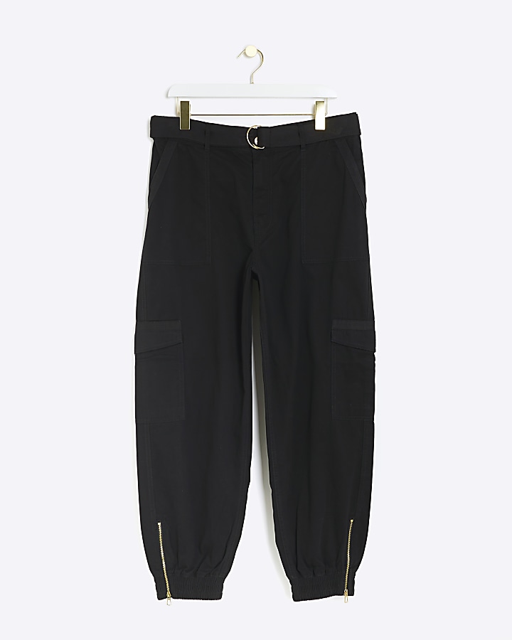 Plus black belted utility cargo trousers