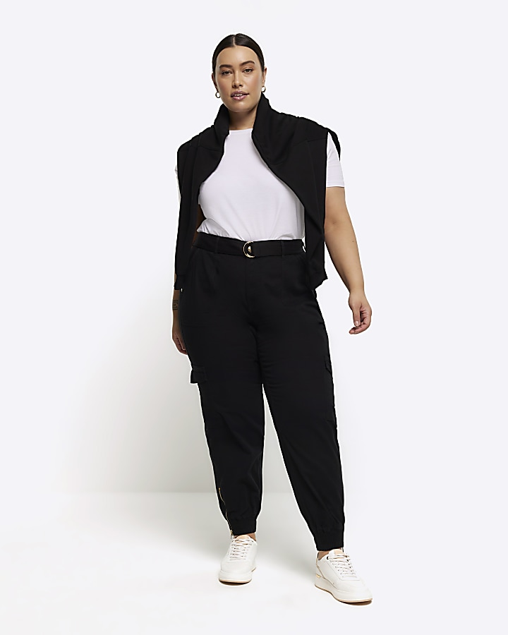 Plus black belted utility cargo trousers