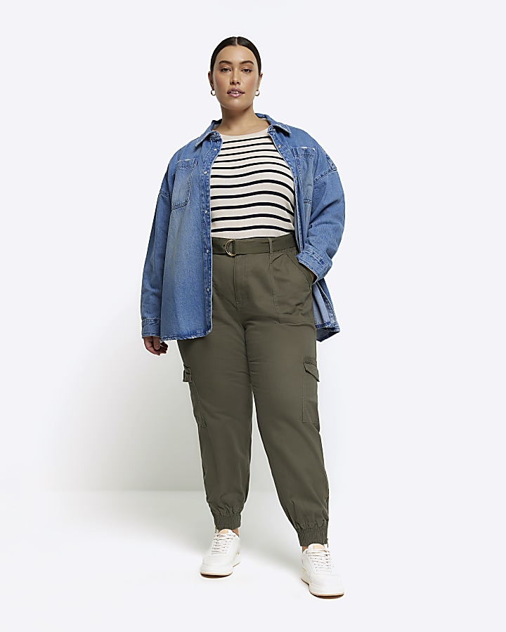Plus khaki belted utility cargo trousers | River Island