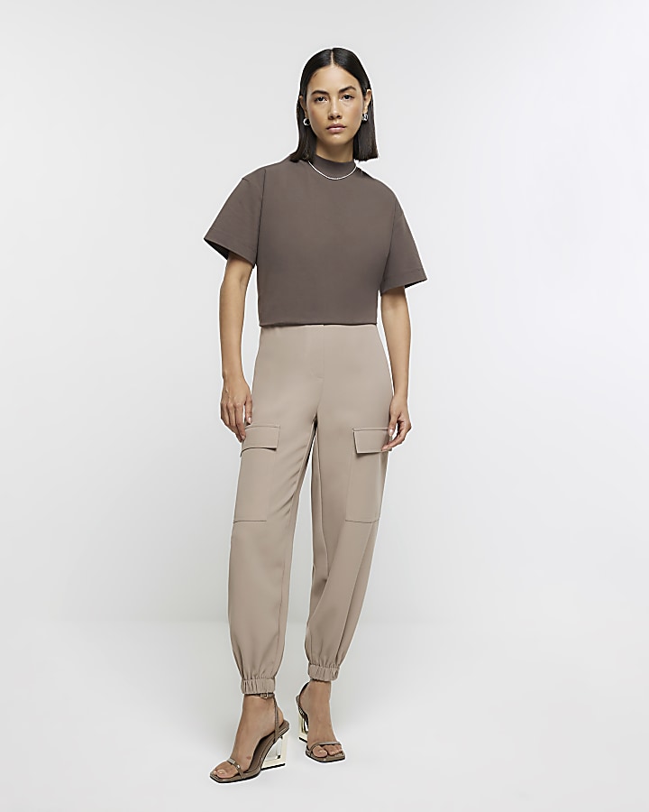 Beige elasticated waist cuffed cargo trousers | River Island