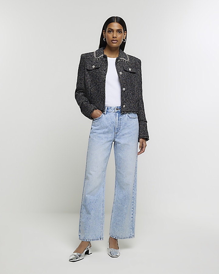 Blue high waisted crop relaxed straight jeans