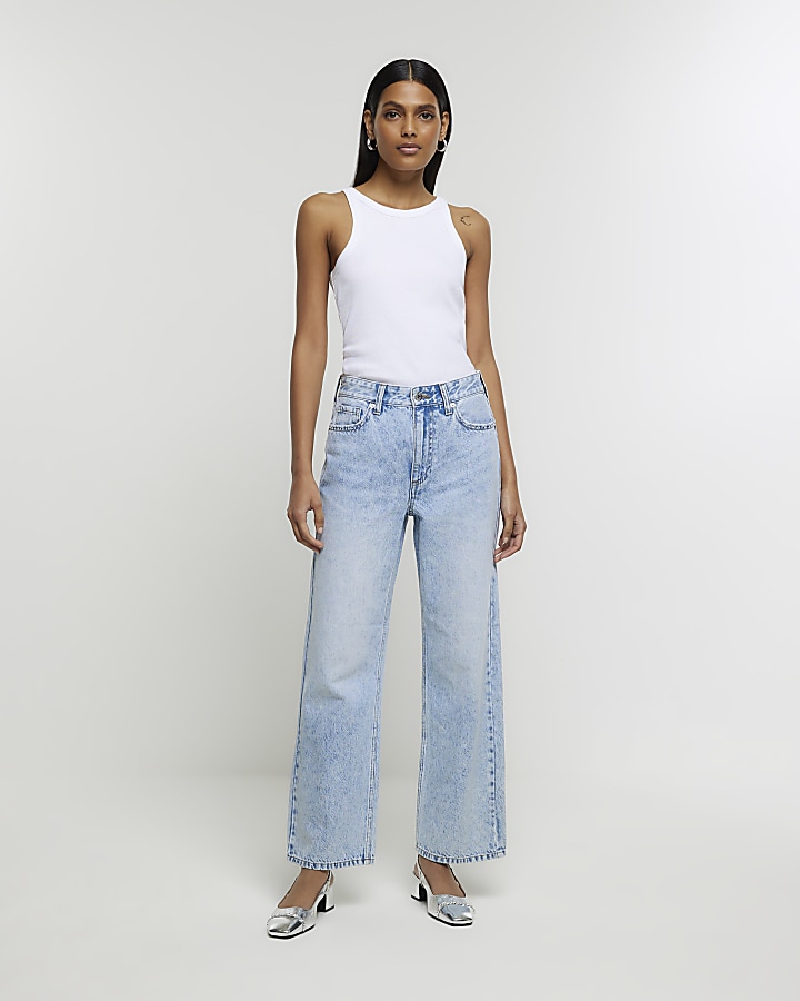 Blue high waisted crop relaxed straight jeans | River Island