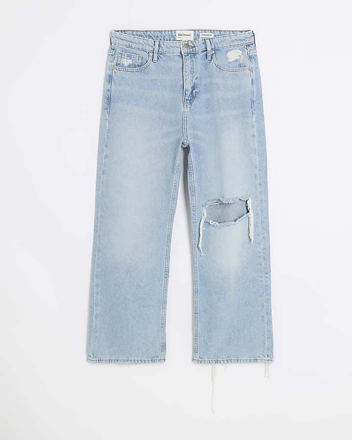 Blue straight high waisted cropped jeans