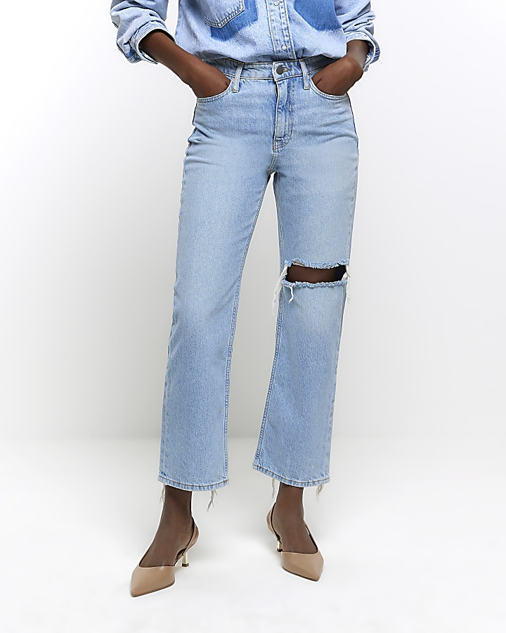 Blue straight high waisted cropped jeans River Island