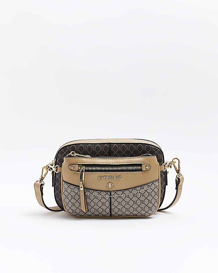 Brown RI monogram small cross body bag | River Island