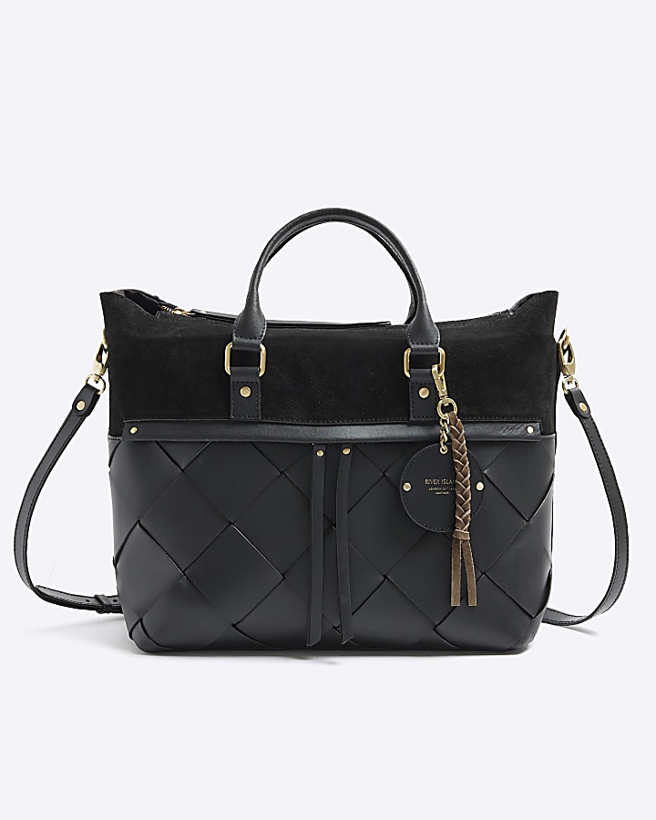 Black leather weave shopper bag