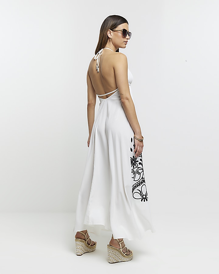 Cream embroidered plunge beach maxi dress