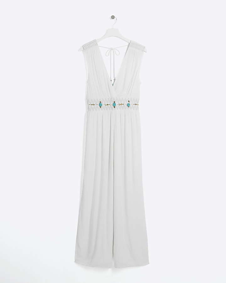 Cream embellished plunge jumpsuit River Island