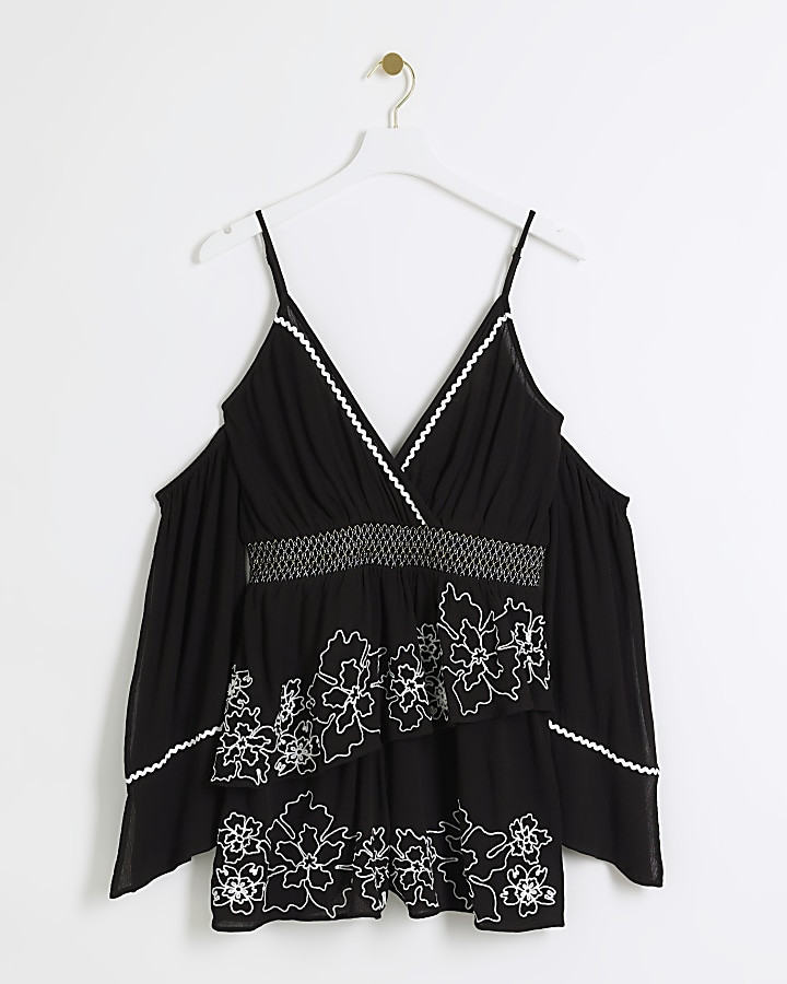 Black embroidered cold shoulder playsuit