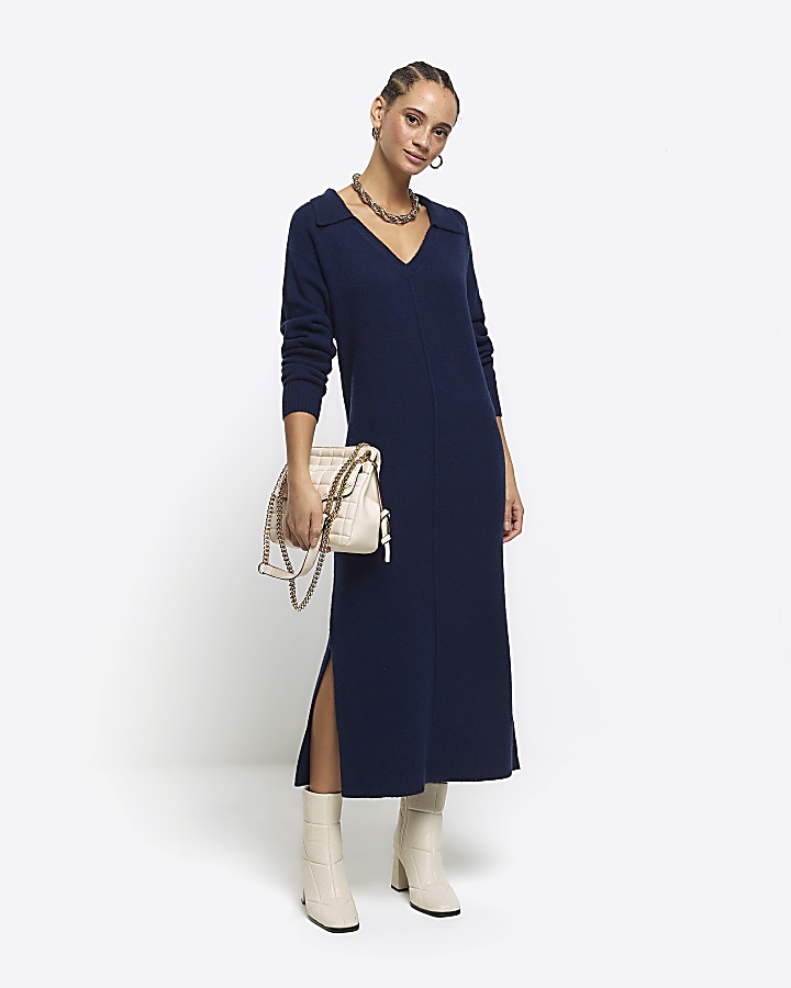 Navy collared jumper midi dress