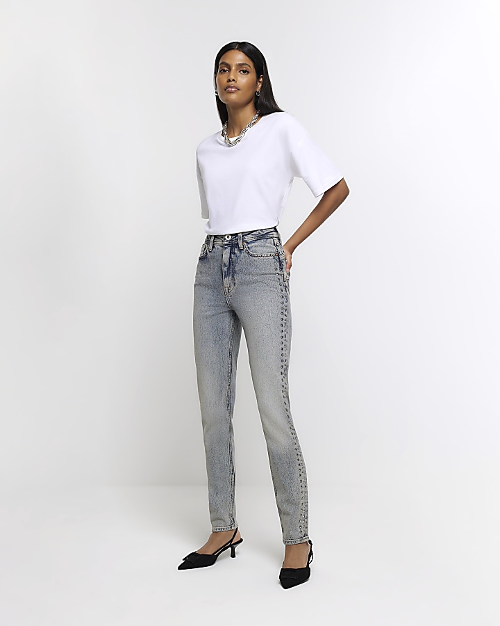 Blue embellished sculpt mom jeans