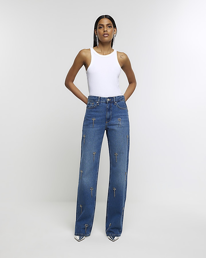 Blue embellished relaxed straight jeans | River Island