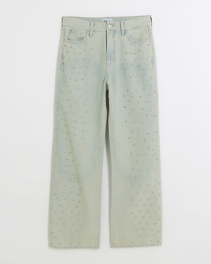 Blue embellished relaxed straight jeans