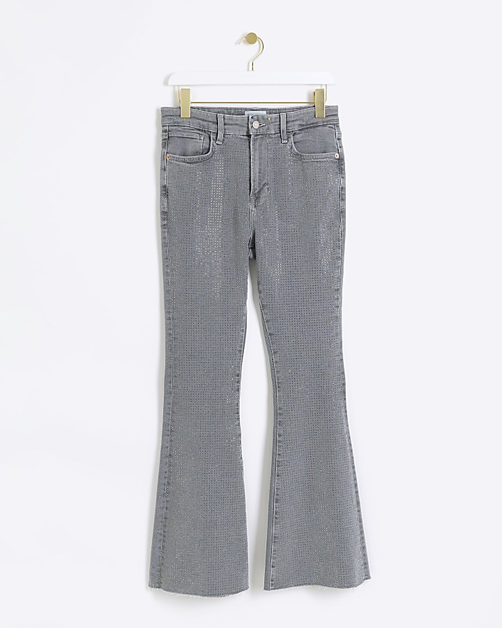 Grey high wasted embellished flared jeans