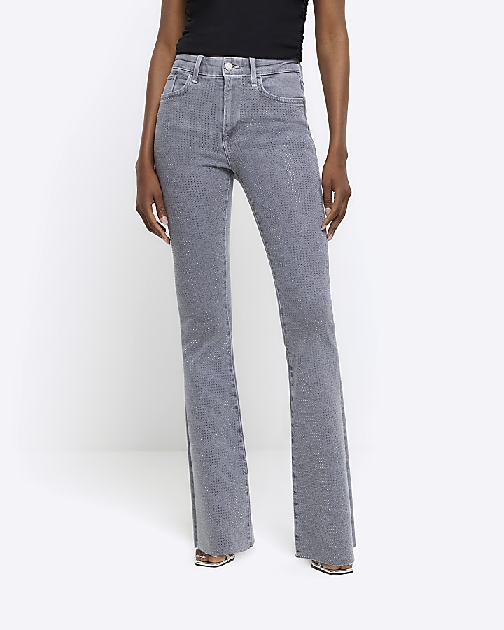 Grey high wasted embellished flared jeans