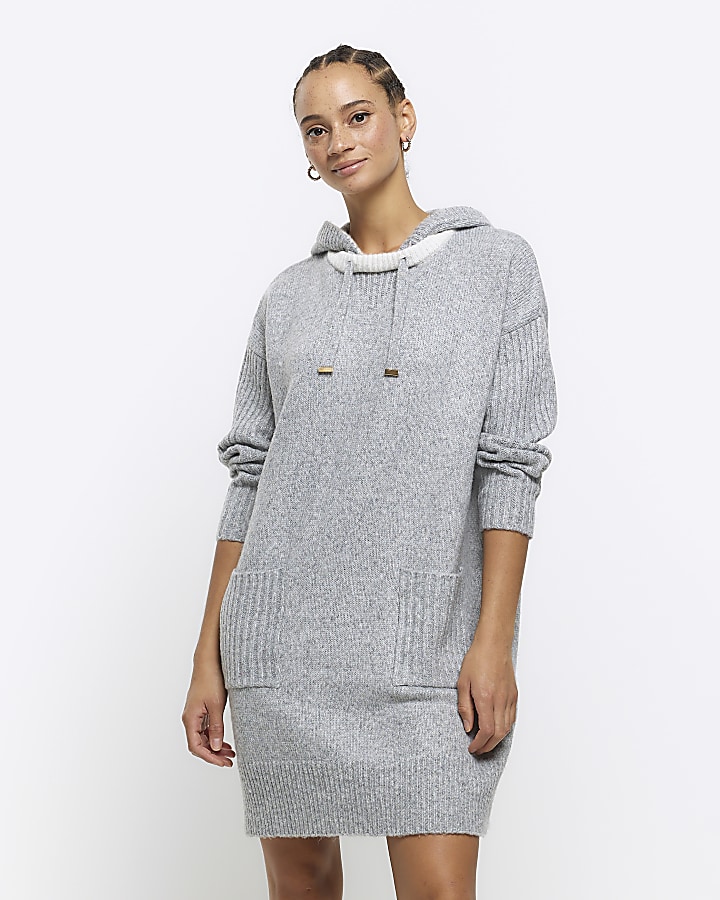 Grey knitted hooded mini jumper dress