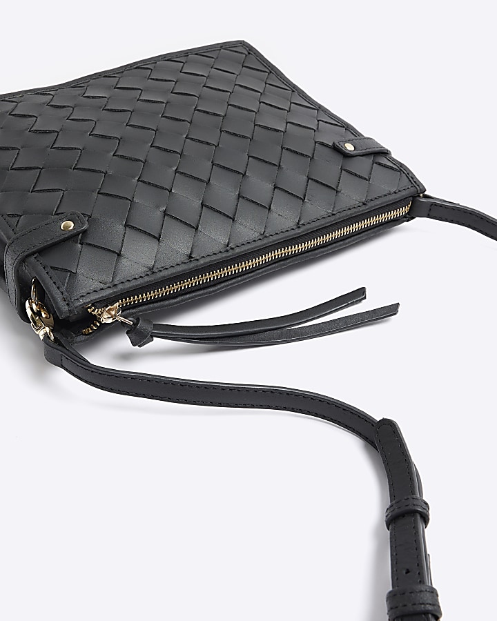 Black leather weave cross body bag River Island