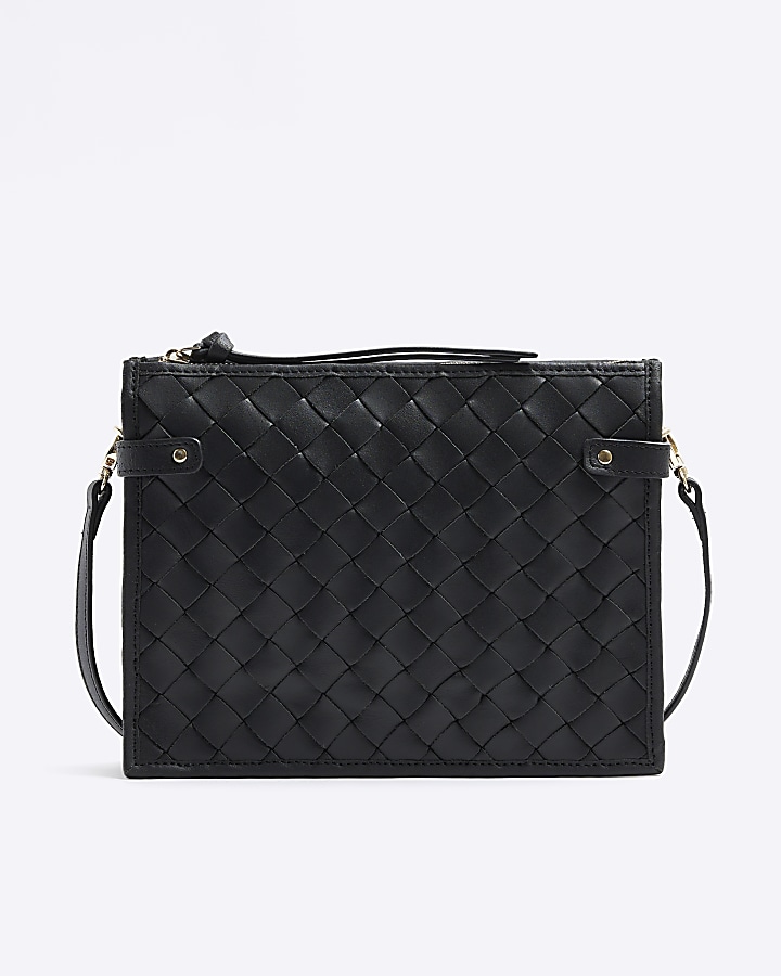 Black leather weave cross body bag River Island