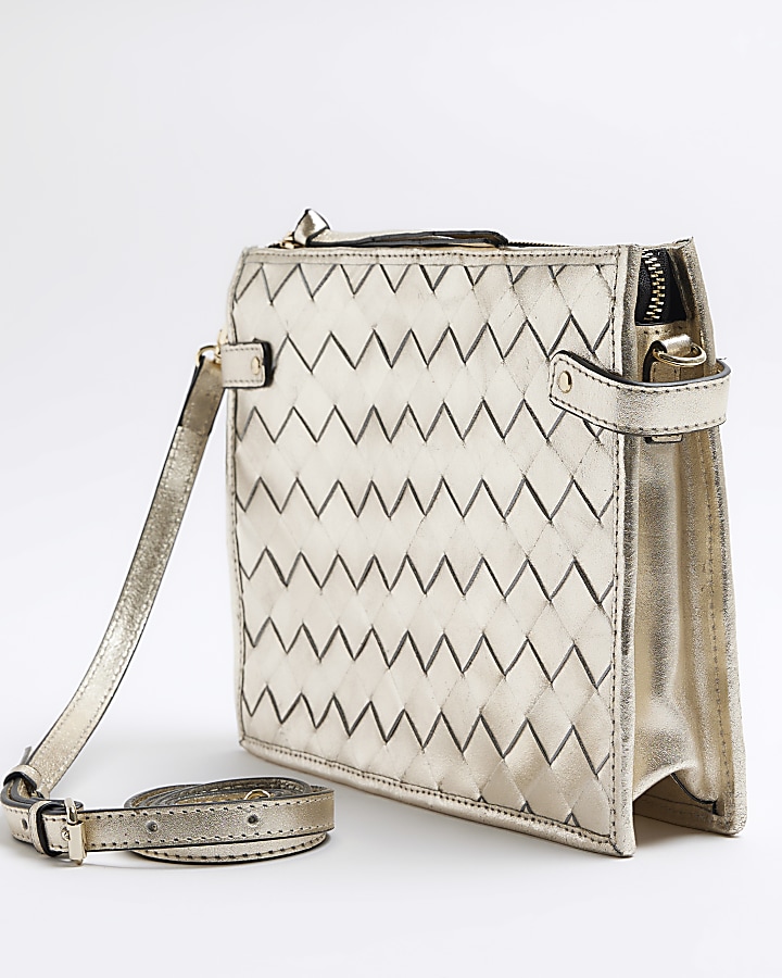 Gold leather weave cross body bag | River Island