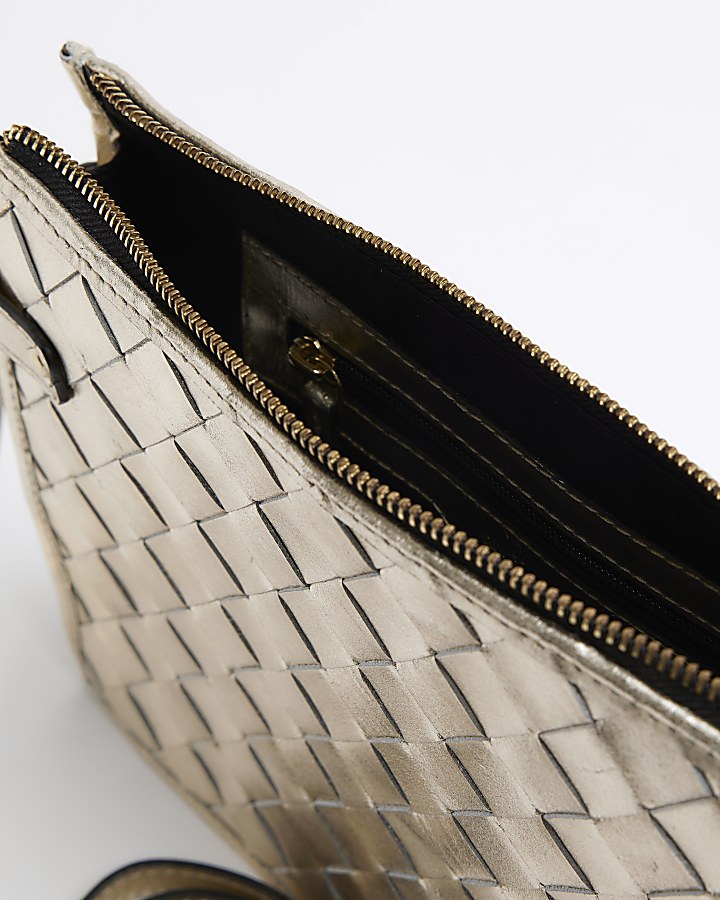 Gold leather weave cross body bag