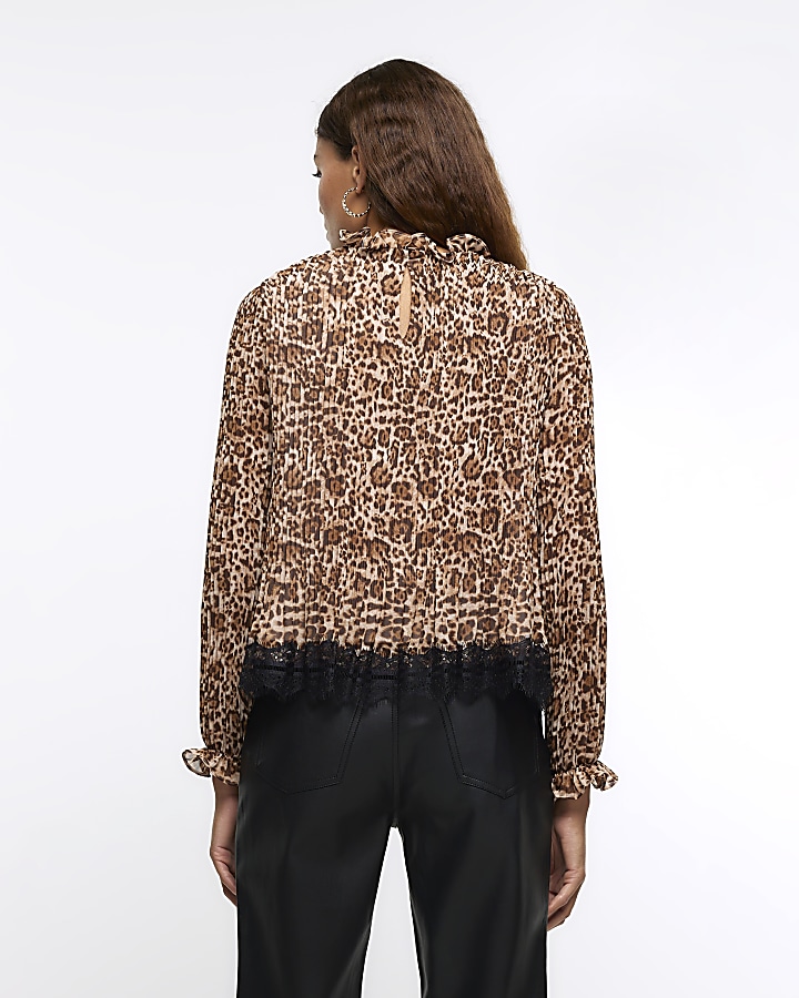 Brown plisse leopard print blouse