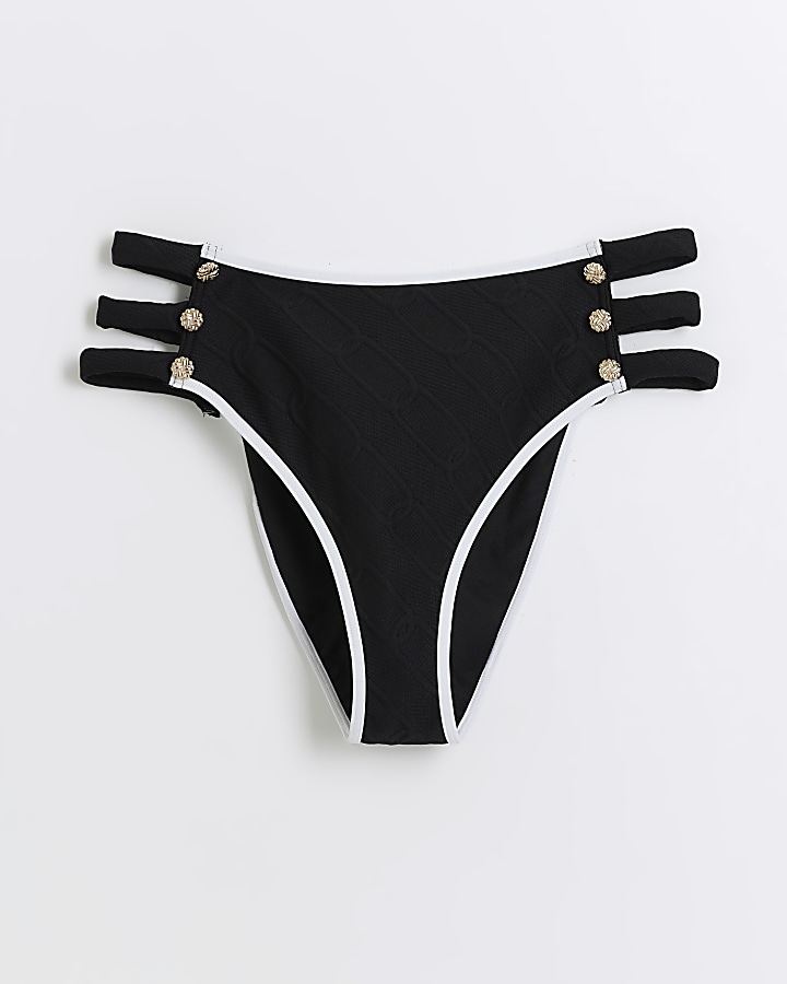 Black textured strap bikini bottoms