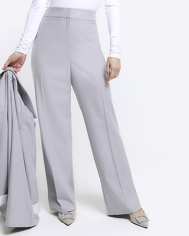 Petite grey pleated wide leg trousers