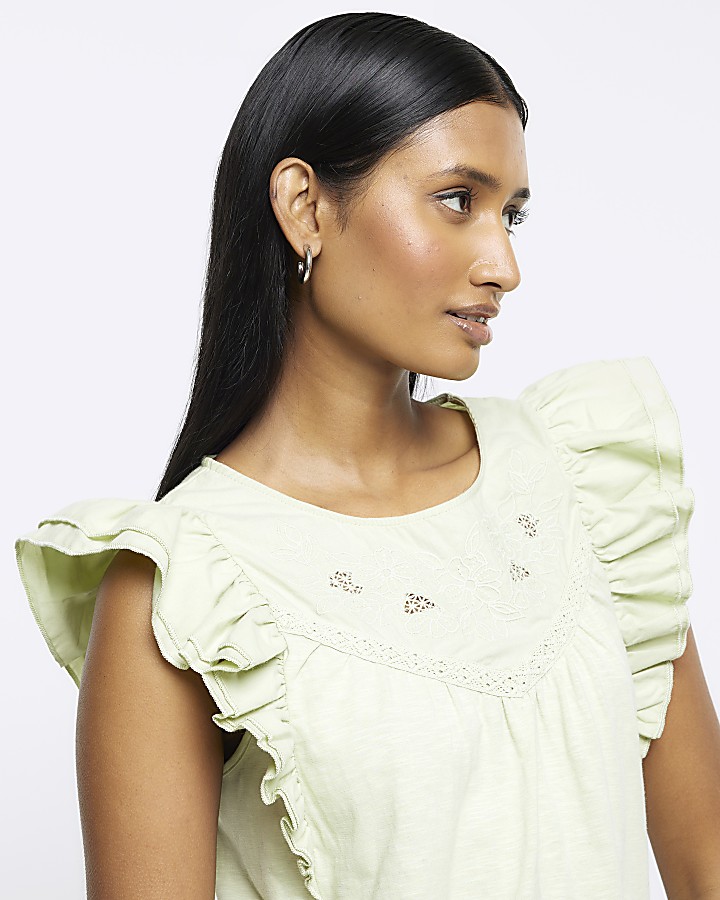 Green embroidered frill tank top