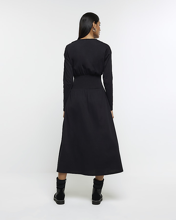 Black shirred waist midi dress